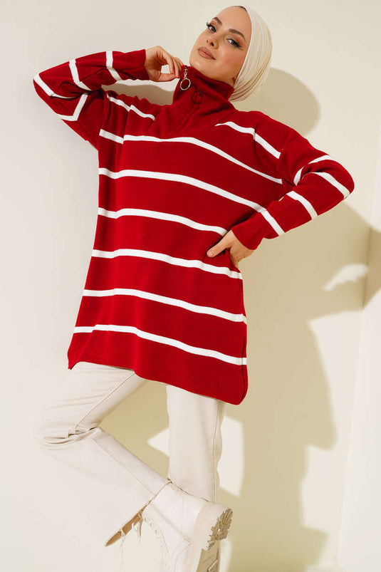 Kraag Ritssluiting Gestreept Knitwear Tuniek Rood