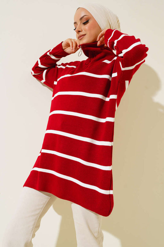 Kraag Ritssluiting Gestreept Knitwear Tuniek Rood