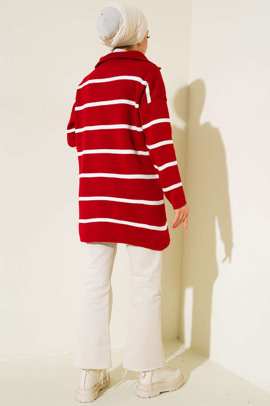 Kraag Ritssluiting Gestreept Knitwear Tuniek Rood