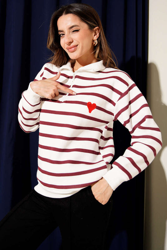 Gestreiftes Sweatshirt mit dreifädigem Muster, Kragenreißverschluss, Burgunderrot