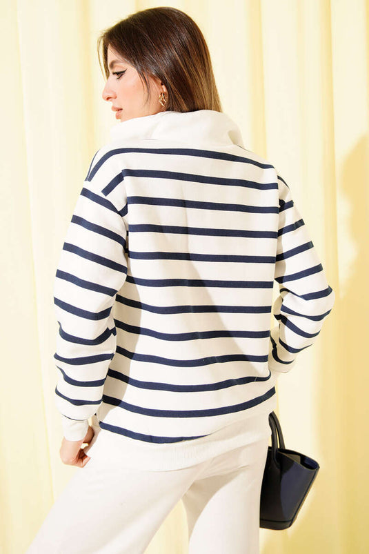 Navy Striped Three-Thread Sweatshirt with Collar Zipper