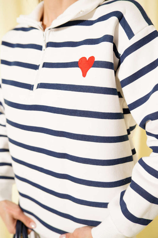 Yaka Fermuarlı Çizgili Üç İplik Sweatshirt Lacivert