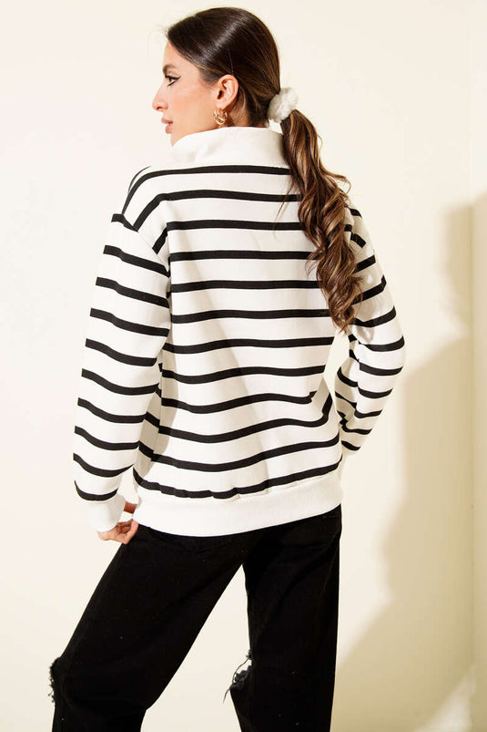 Striped Three-Thread Sweatshirt with Collar Zipper, Black