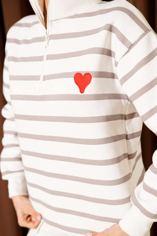 Sweat-shirt rayé à trois fils avec fermeture éclair au col, couleur vison