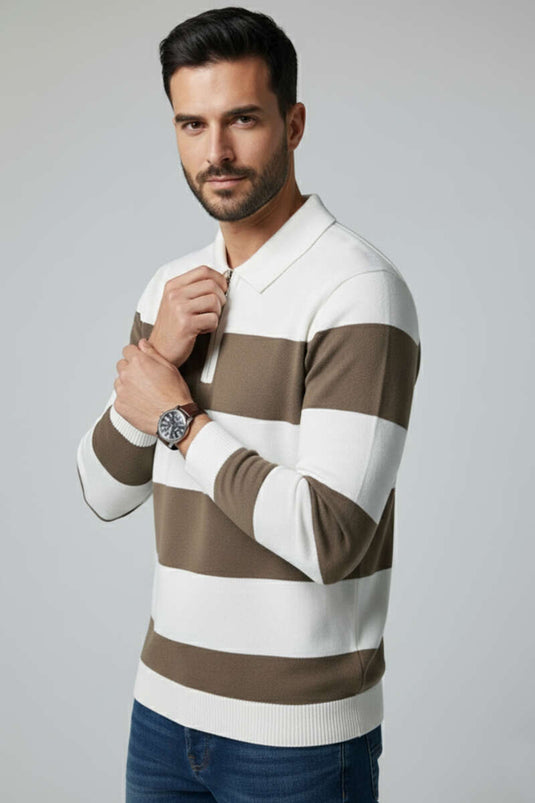 Pull en maille pour homme avec col zippé, couleur vison