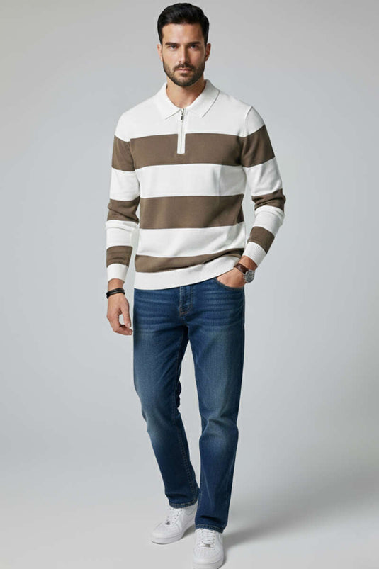 Men's Knitted Sweater with Zip Collar, Mink Color