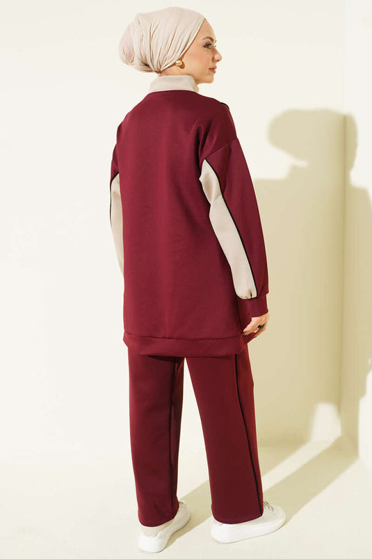 Yaka Fermuarlı Garnili İkili Takım Bordo