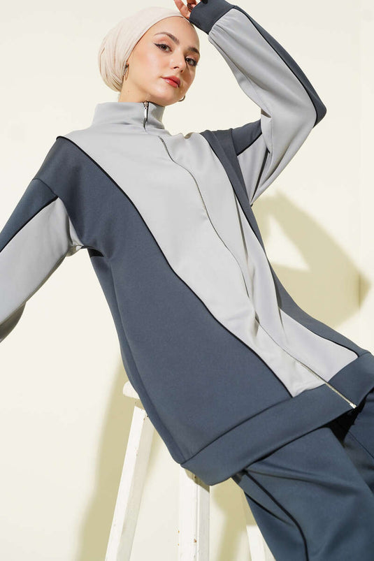 Yaka Fermuarlı Garnili İkili Takım Füme