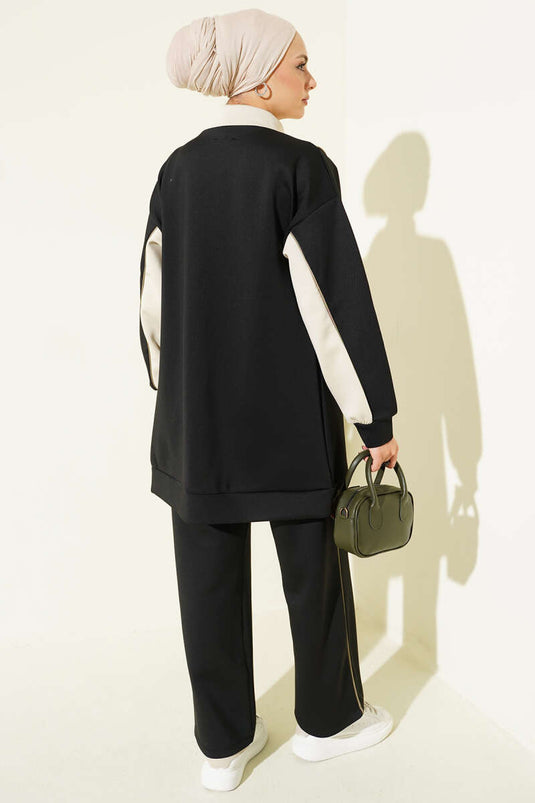 Yaka Fermuarlı Garnili İkili Takım Siyah