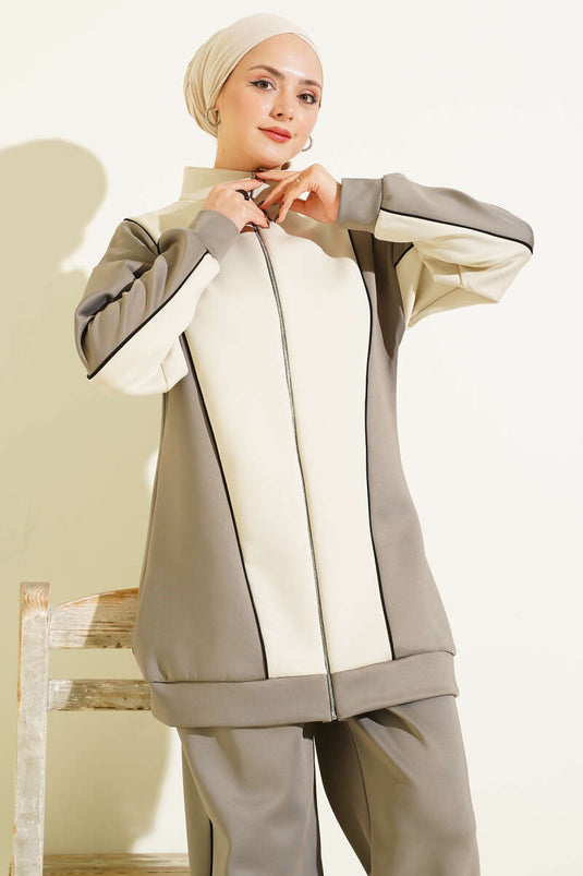 Yaka Fermuarlı Garnili İkili Takım Vizon