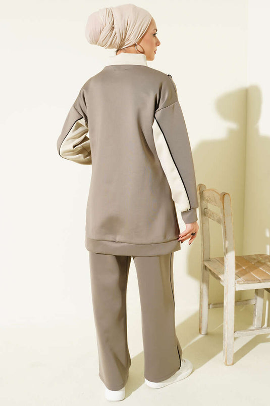 Yaka Fermuarlı Garnili İkili Takım Vizon