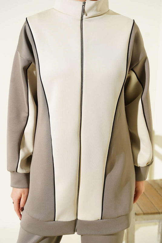 Yaka Fermuarlı Garnili İkili Takım Vizon