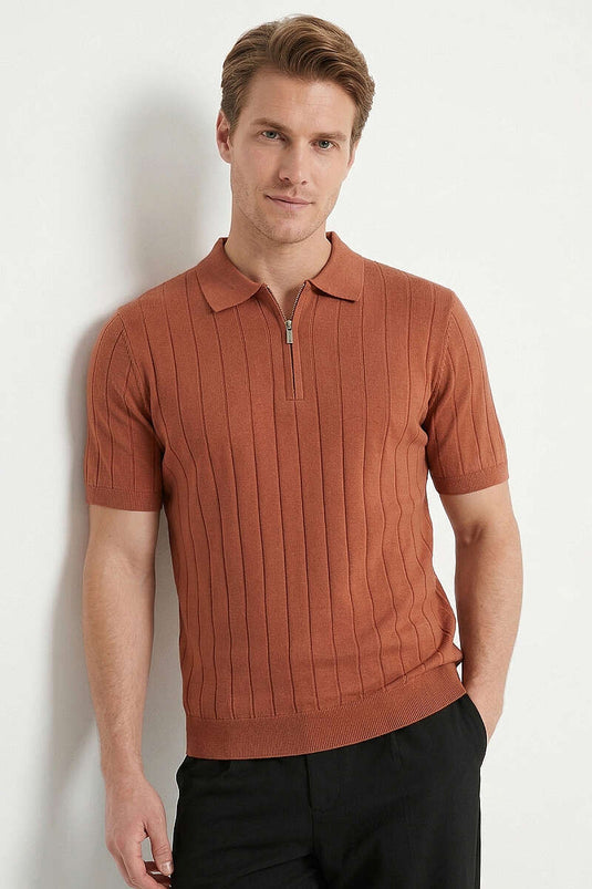 Men's Slim Fit Striped T-shirt with Collar Zipper, Brick Red