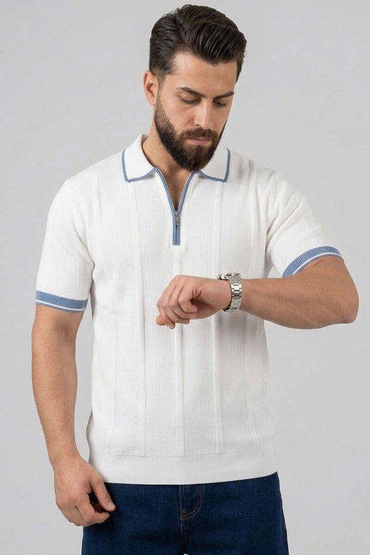 T-shirt da uomo in mercerizzato con collo a zip bianco e blu