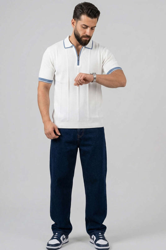T-shirt da uomo in mercerizzato con collo a zip bianco e blu