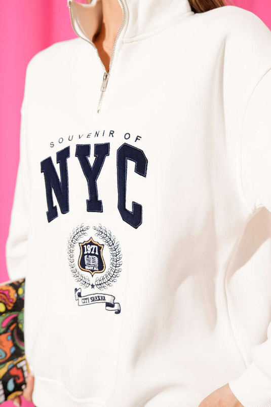 NYC Print Sweatshirt with Zip Collar, Ecru