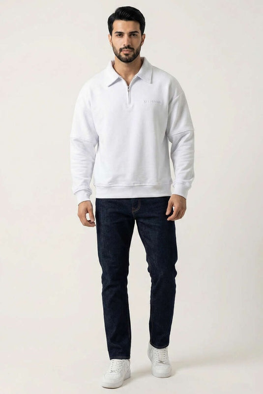 Collared Zip-Up Ribbed Men's Sweatshirt White