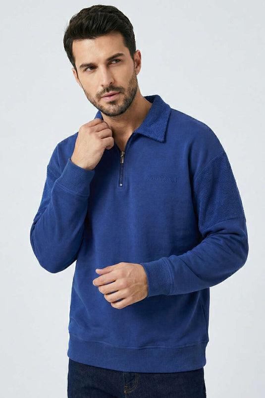 Yaka Fermuarlı Ribanalı Erkek Sweatshirt Lacivert