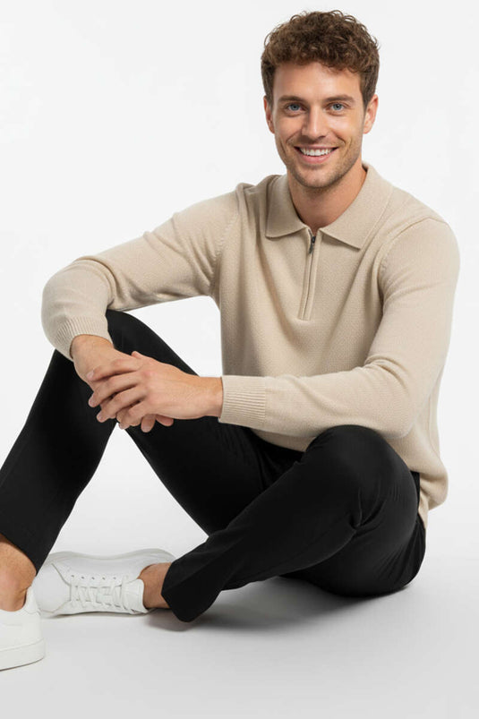Men's Knitted Sweater with Zip Collar, Beige