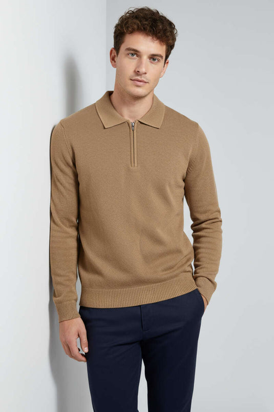 Men's Knitted Sweater with Zip Collar, Camel