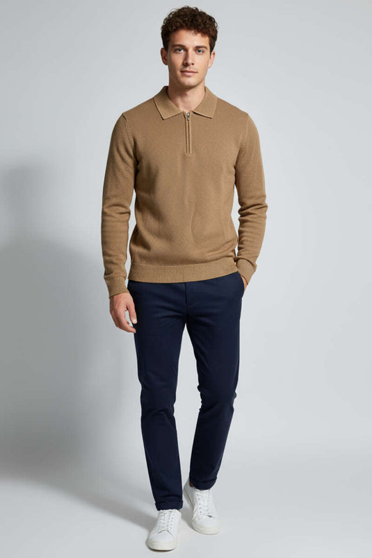 Men's Knitted Sweater with Zip Collar, Camel