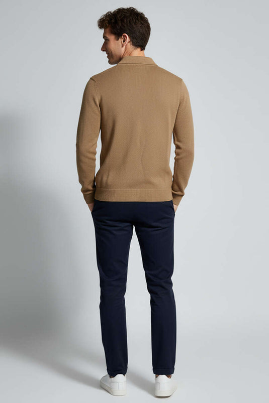 Men's Knitted Sweater with Zip Collar, Camel