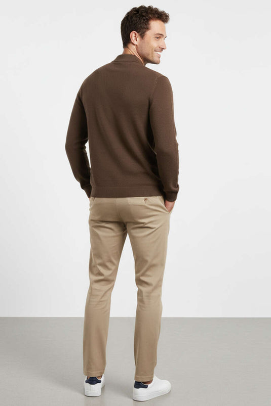 Yaka Fermuarlı Triko Erkek Kazak Kahve