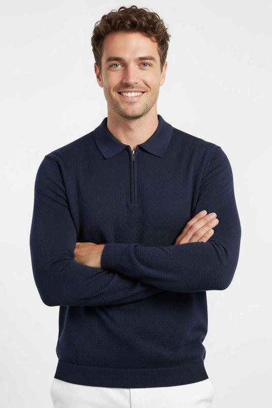 Gebreide herentrui met ritssluiting in de kraag, marineblauw