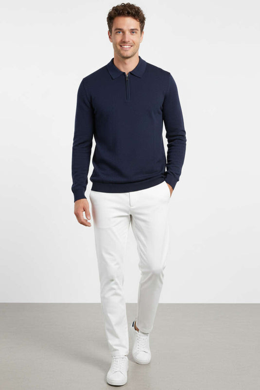 Gebreide herentrui met ritssluiting in de kraag, marineblauw