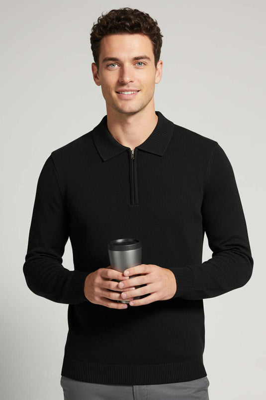 Yaka Fermuarlı Triko Erkek Kazak Siyah