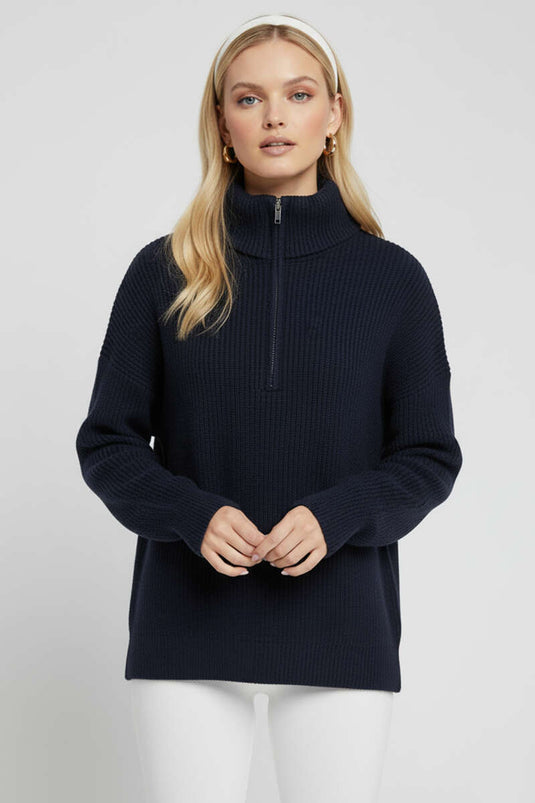 Navy Blue Knitted Sweater with Zip Collar