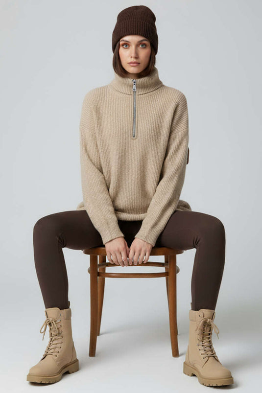 Latte Knitted Sweater with Zip Collar