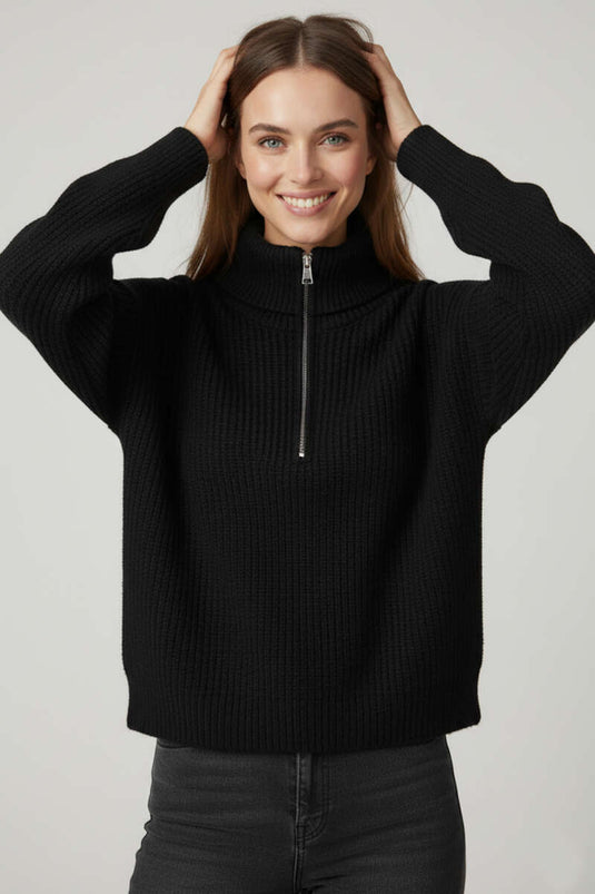 Black Knitted Sweater with Zip Collar