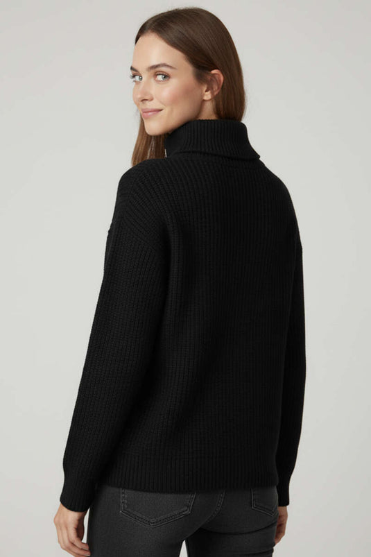 Black Knitted Sweater with Zip Collar