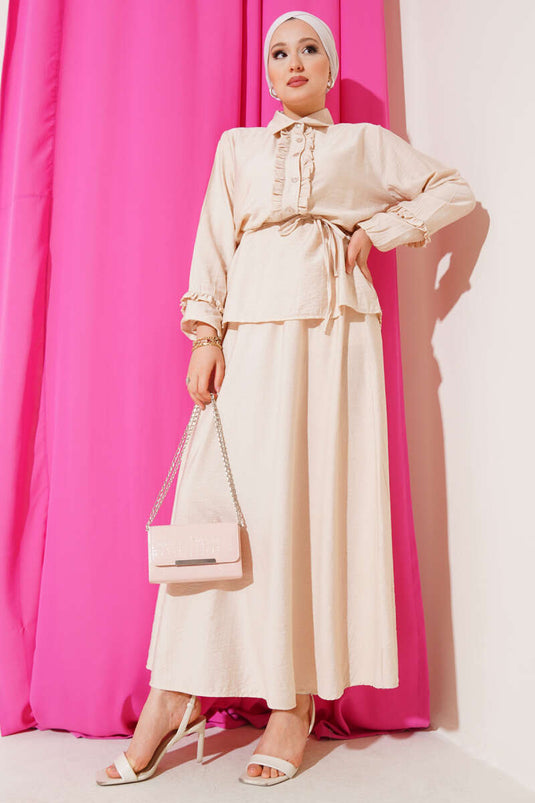 Beige Two-Piece Set with Ruffled Collar and Skirt