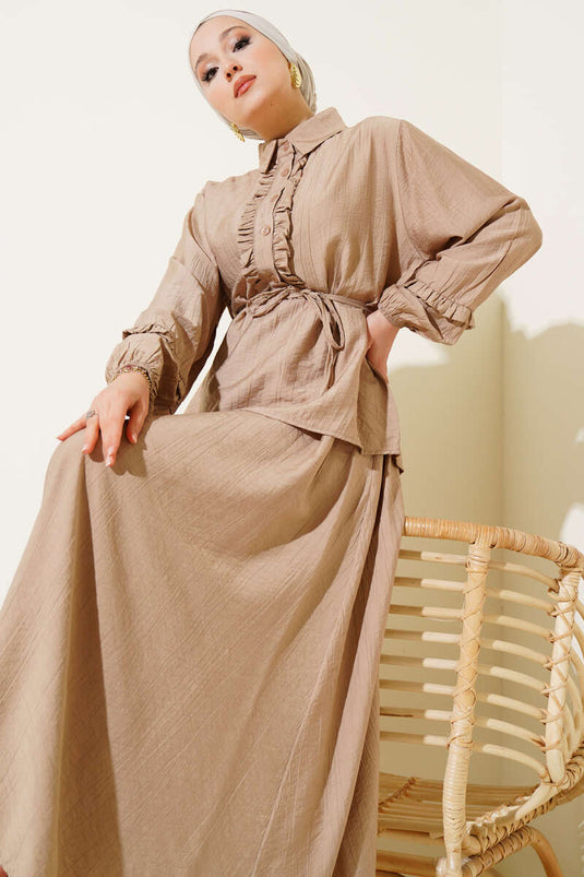 Latte Two Piece Suit with Ruffle Detail and Skirt