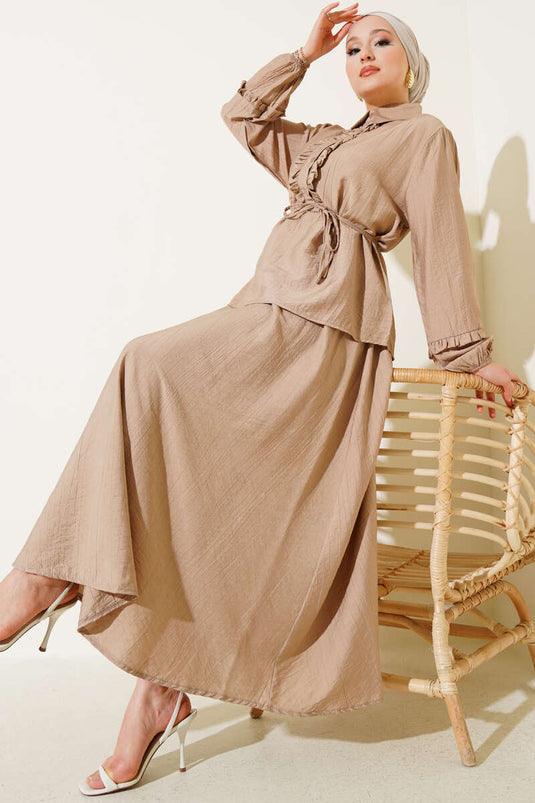 Latte Two Piece Suit with Ruffle Detail and Skirt