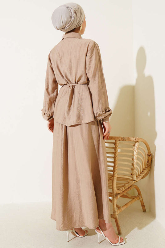 Latte Two Piece Suit with Ruffle Detail and Skirt