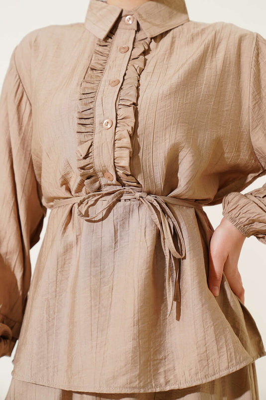 Latte Two Piece Suit with Ruffle Detail and Skirt