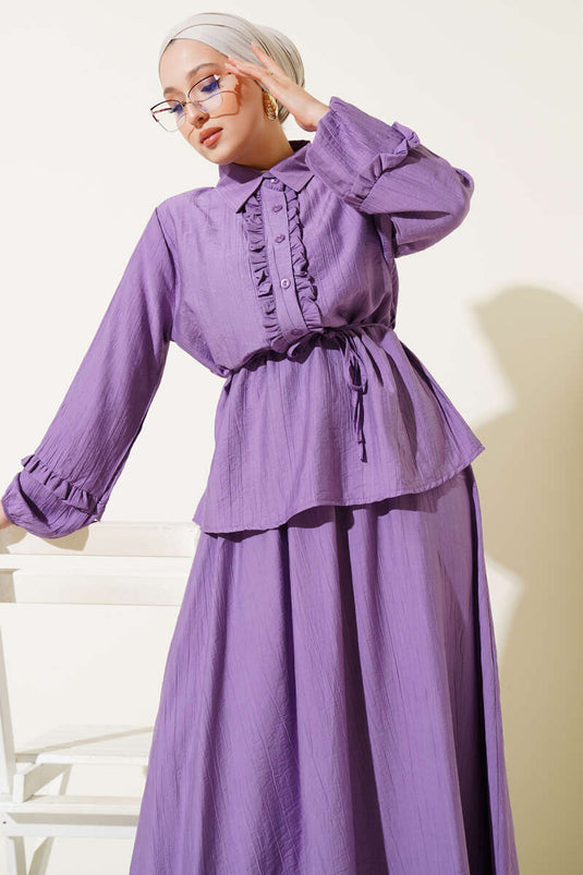 Tweedelig pak met ruches en rok, lila