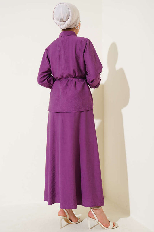 Yaka Fırfır Detaylı Etekli İkili Takım Mor