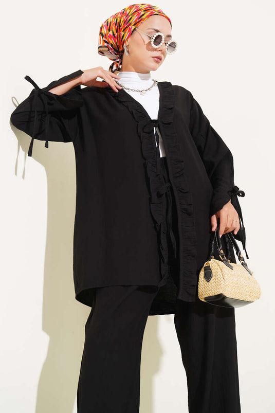 Geplooid tweedelig pak met detail, zwart