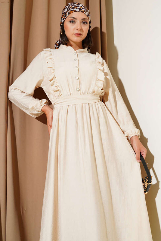 Yaka Fırfır Detaylı Kuşaklı Elbise Bej