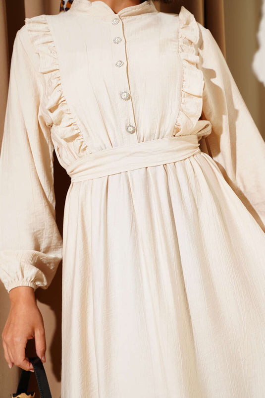 Yaka Fırfır Detaylı Kuşaklı Elbise Bej