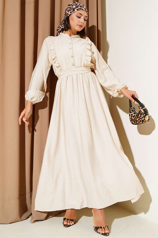 Yaka Fırfır Detaylı Kuşaklı Elbise Bej