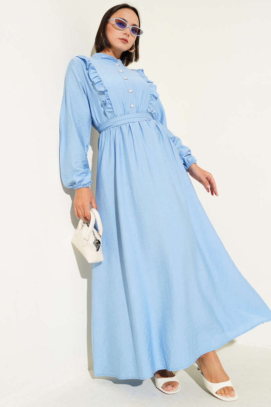 Ruffle Detailed Belted Dress Blue