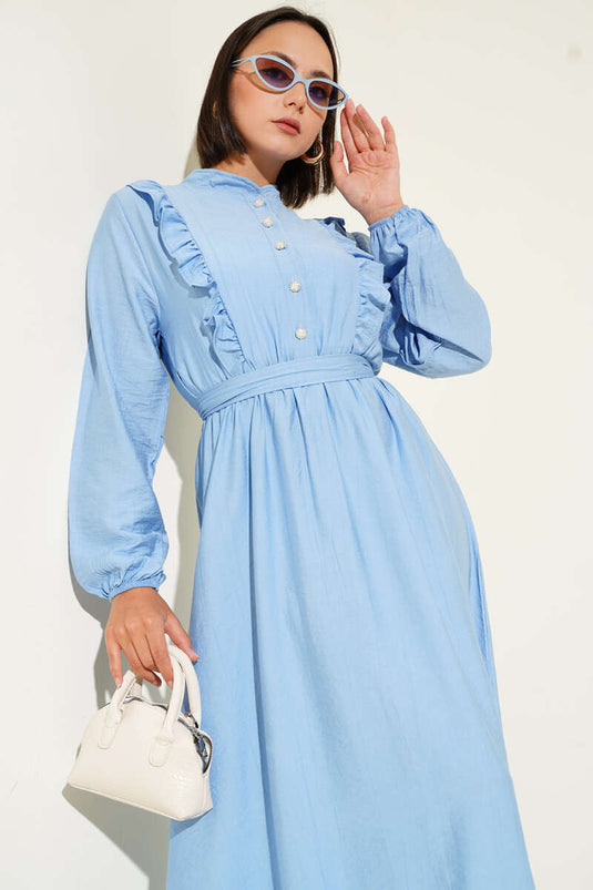 Ruffle Detailed Belted Dress Blue