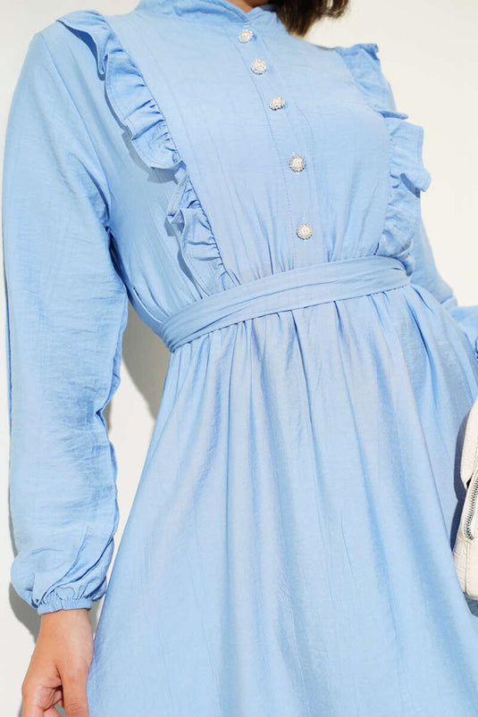 Ruffle Detailed Belted Dress Blue