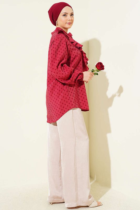 Collared Ruffled Drawstring Polka Dot Shirt Burgundy