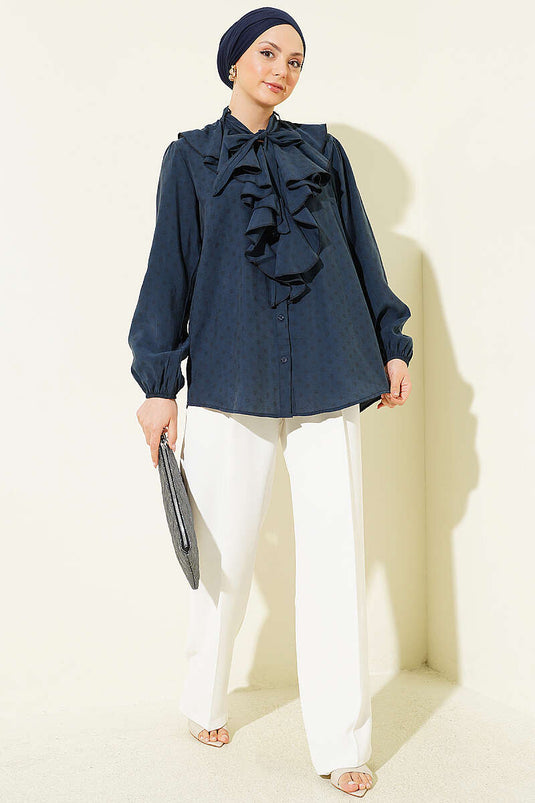 Collared Ruffled Drawstring Polka Dot Shirt in Smoke Gray